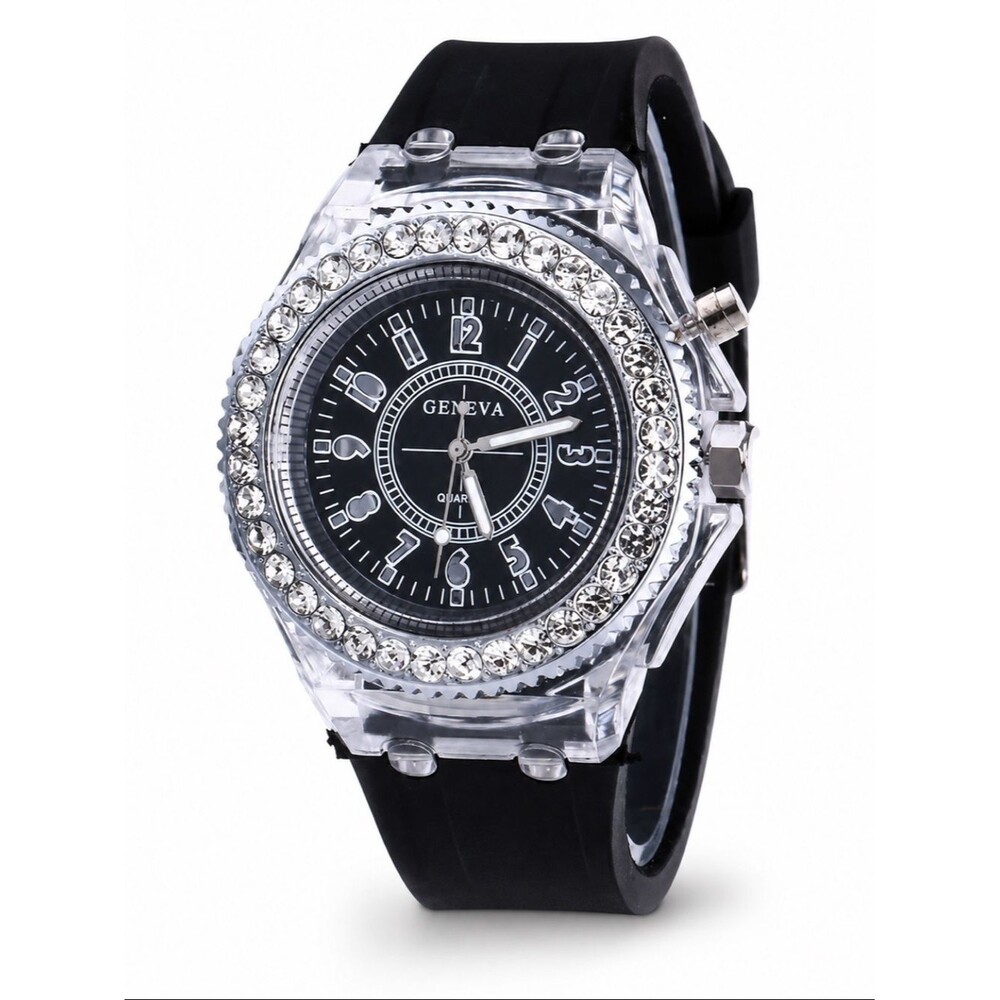 Mens Iced Out Bustdown Sport Watch Black Silicone Band Simulated Diamond LED